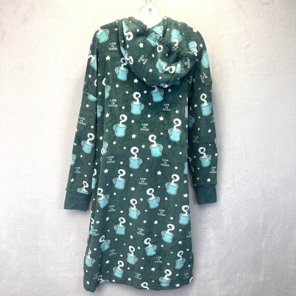 Life Is Good Fleece Hooded Nightgown Womens Medium M Green Mug Coffee Pockets - Picture 2 of 14